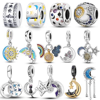 925 Sterling Silver Glowing Stars Moon Sun Rainbow Dangle Charms Beads Bracelet Necklace Jewelry Women