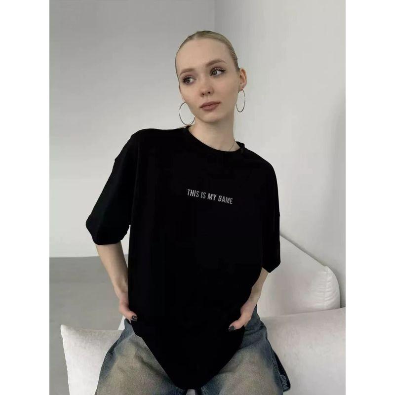 Fashion New Arrival Fashion Rhinestone Letter Crew Neck Short Sleeve T-shirt Diamond Studded Loose T-shirt