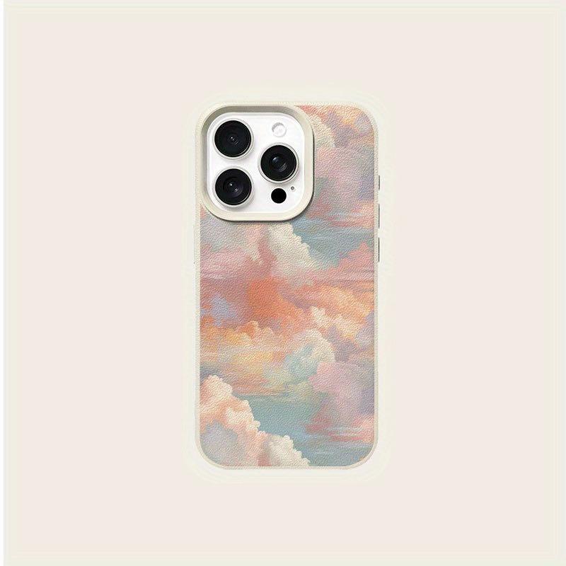 Creative Colorful Cloud Print Lychee Texture Phone Case, Suitable for iPhone 17, 16, 15, Plus, Pro, Max Series Phones—Can Be Used as a Gift