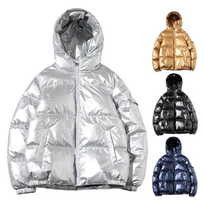 Men Cotton Coat Hooded Long Sleeve High Gloss Surface Quilted Jacket with Pockets Loose Fit Thickened Warm Short Outerwear