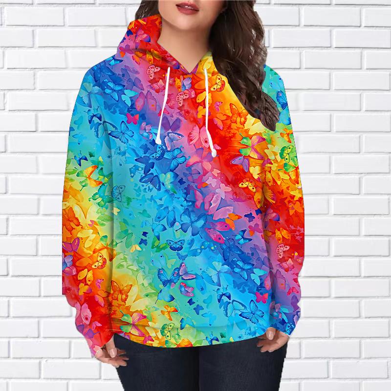 Damenmode Rosa Kristall Schmetterlingsdruck Lockerer Hoodie Tops Bluse Sweatshirt Lässig Langarm Pullover Tops