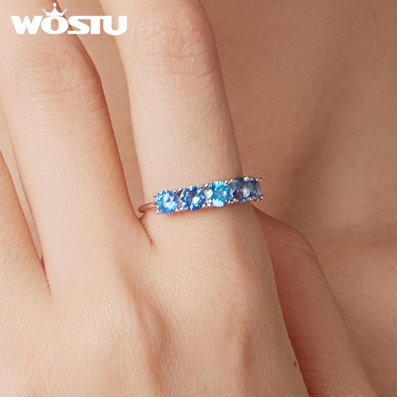 WOSTU 925 Sterling Silver Classical Round Ocean Blue CZ Sapphire Ring For Women Engagement Party Wedding Holiday Jewelry Gift