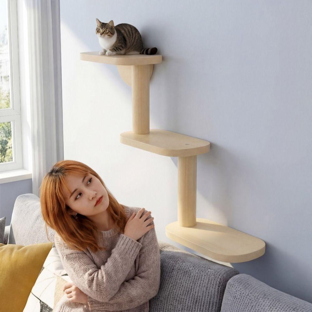 3-Level Wall Mounted Cat Tree Solid Wood Cat Sisal Scratching Post Cat Perch  Pet Playground