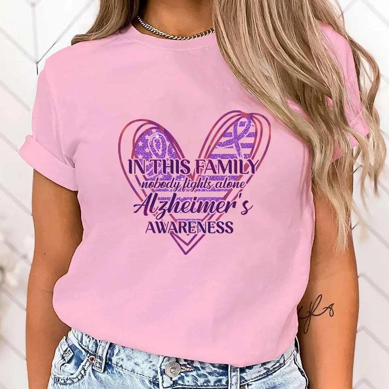(High Quality T Shirt)New In This Family Nobody Fights Alone Alzheimer'S Awareness Print T Shirt Women Short Sleeve Tops Tees