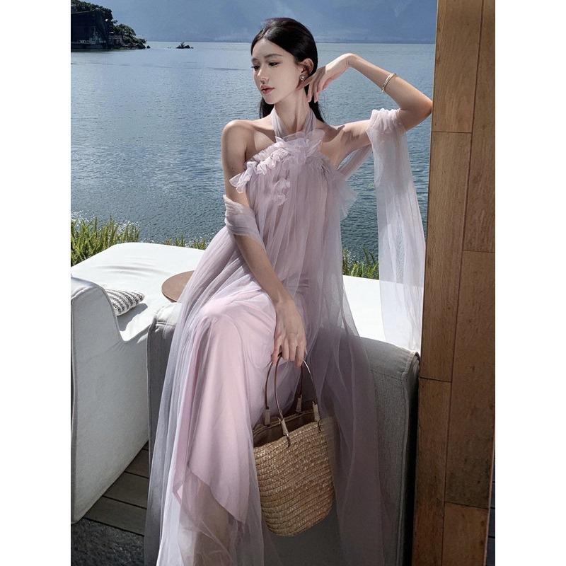 French Pure Desire Seaside Vacation Neck Dress Fairy Super Fairy Summer Temperament High-end Beach Skirt
