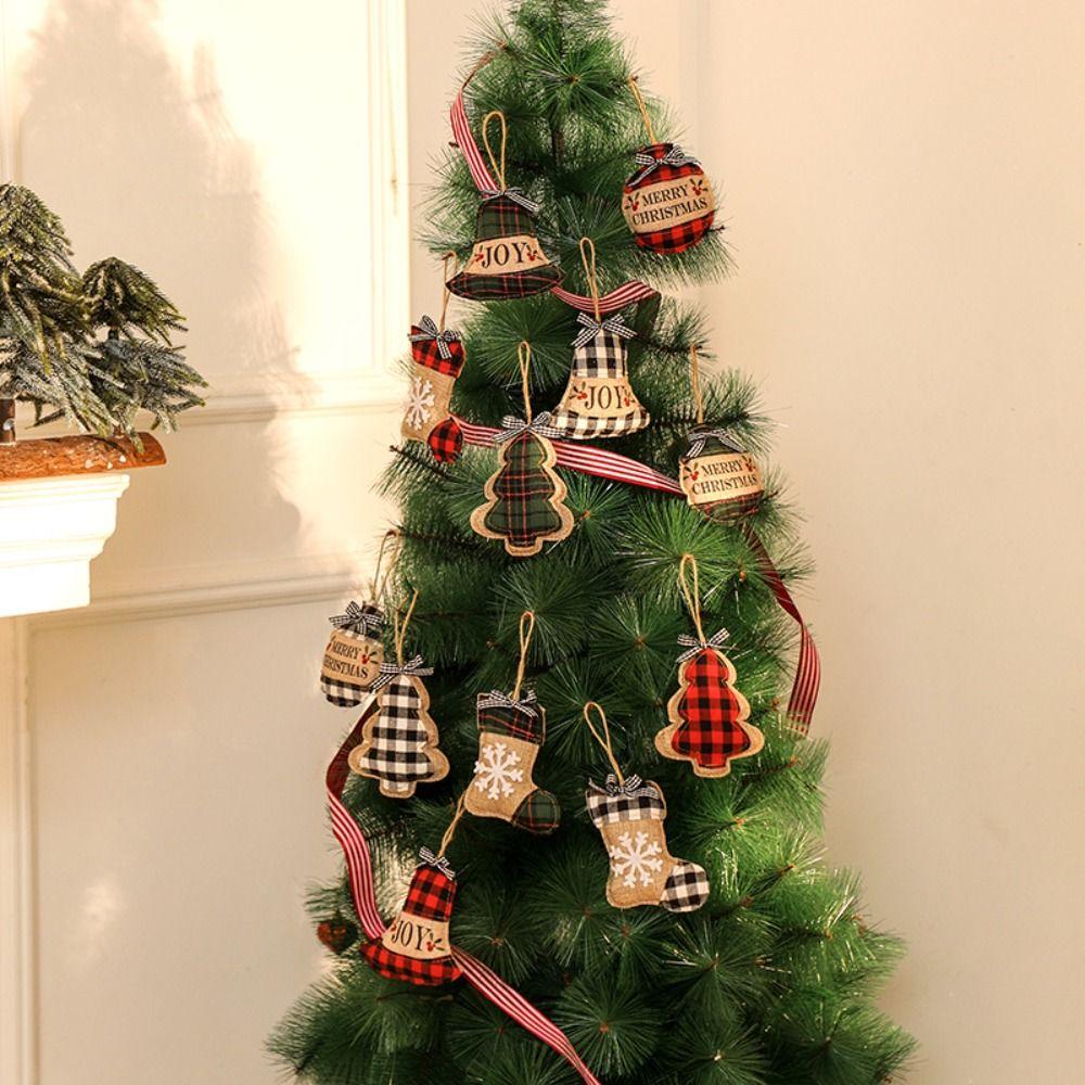 Handmade Christmas Linen Plaid Hanging Decor Xmas Bells Ball Decorations  Hotel Office Decor