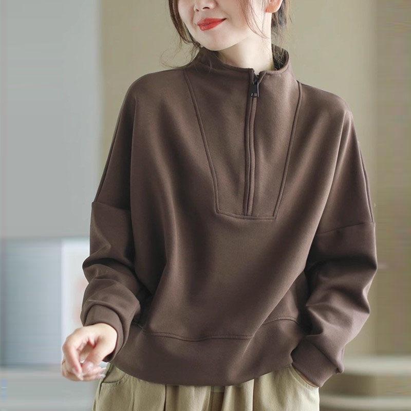 Women Casual Stand Collar Sweatshirts Half Zipper Solid Drop Sleeves Oversize Pullover Zip Up Chic Female Outer Wear Pullover