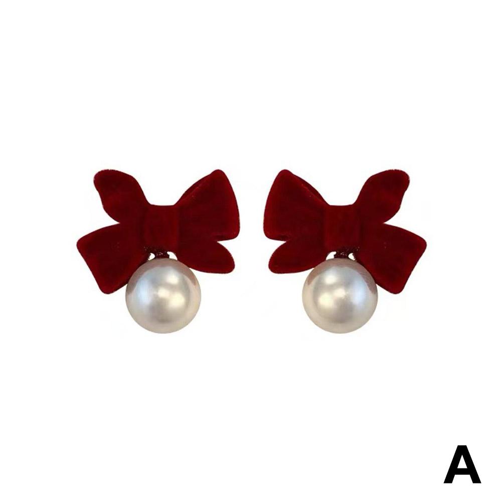 Fashion Flocking Bowtie Pearl Pendant Earrings French Stud Jewelry Earring Ear Bowknot Retro Velvet Bow Red New Year Girl 1PCS
