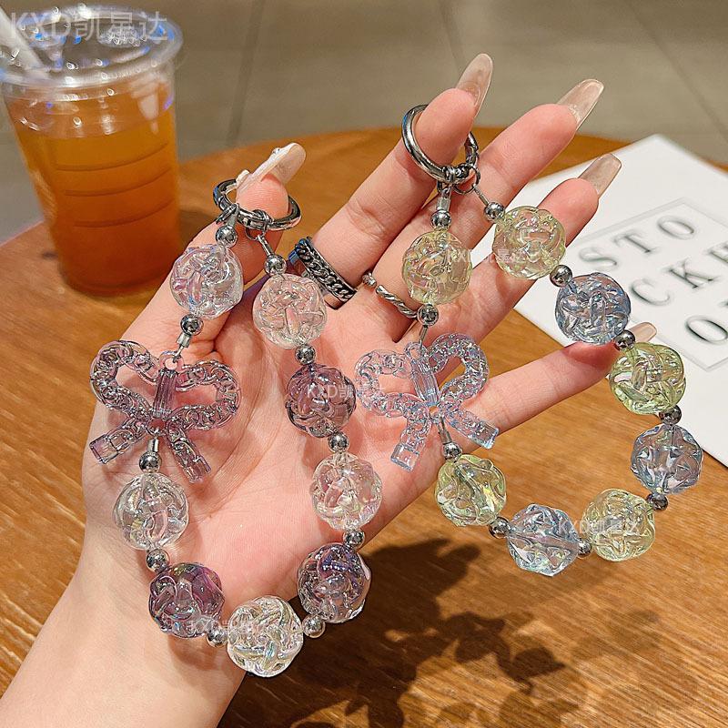 Crystal Transparent Bowknot Beaded Exquisite Flower Short Wrist Pendant Phone Case Earphone Bag Accessories Keychain