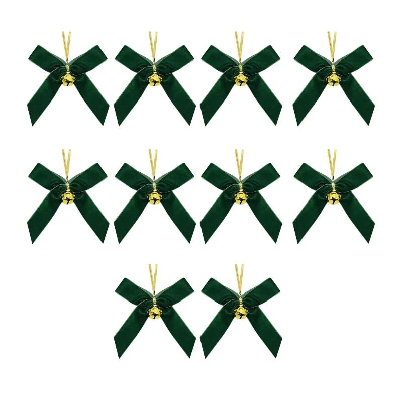 10Pcs Velvety Ribbon Bowknot Ornament with Bell Christmas Tree Hanging Decoration For Wreath Festival Celebration