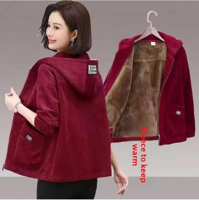 Thickened Corduroy Jacket Women's Casual Fleece-Lined Hooded Sweater Coat Warm Autumn Winter New Style Mommy Clothes