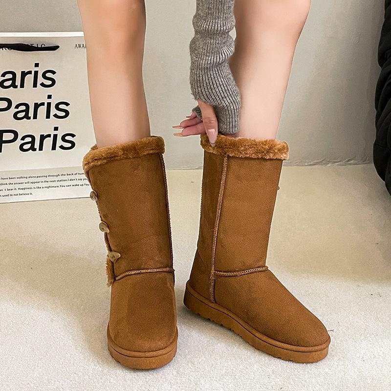 Foreign Trade Large Size Medium Tube Cotton Shoes for Women's Winter New Thickened Warm and Fluffed Button Snow Boots for Women