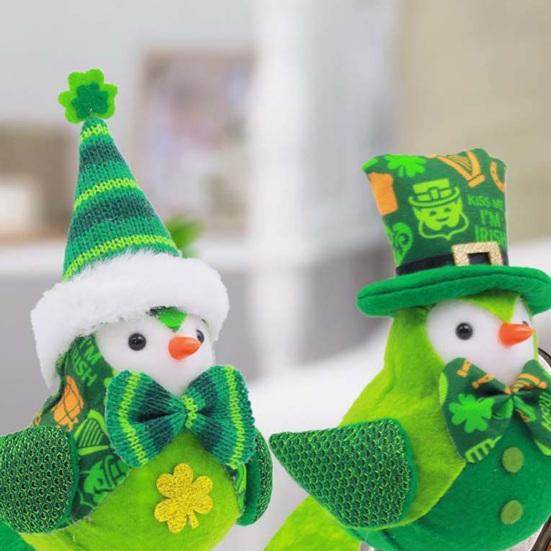 Gnome Doll St Patrick's Day Decoration Plush Bird Figurine with Shiny Wings Green Sweater Four Leaf Clover Embroidered Hat Soft Wool Legs Holiday Gift