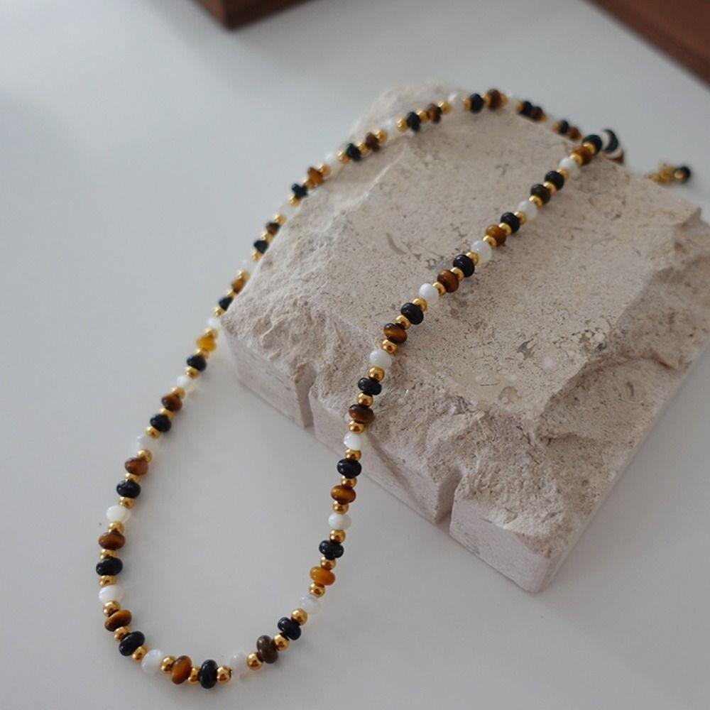 Natural Tiger Eye Stone Handmade Necklace High-end Sweater Chain Beaded Pendant  Collarbone Chain