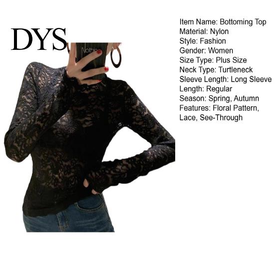 Tops Turtleneck Long Sleeves Perspective Thin Bottoming Top Blouse Women Embroidery Floral Crochet Lace Hollow