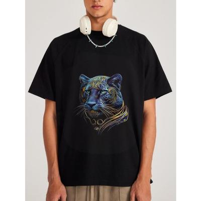 Crewneck T Shirt White Panther Animal Print Design for Casual Wear