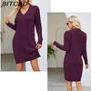 BITCED Women's Solid-Colour V-Neck Longline Wool-Blend Knit Dress Autumn/Winter Fashionable Elegance Cable-Knit Base Layer Knit Dress