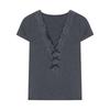 South East Asia new bow v-neck short-sleeved T-shirt women's summer slim-fit Spice Girl lace splicing top