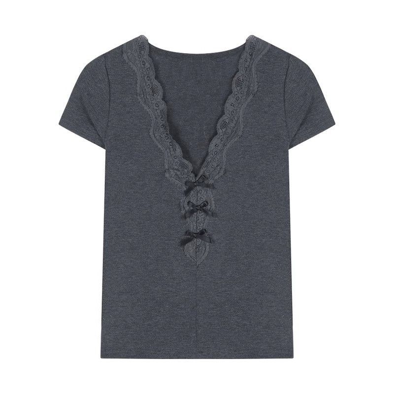 South East Asia new bow v-neck short-sleeved T-shirt women's summer slim-fit Spice Girl lace splicing top