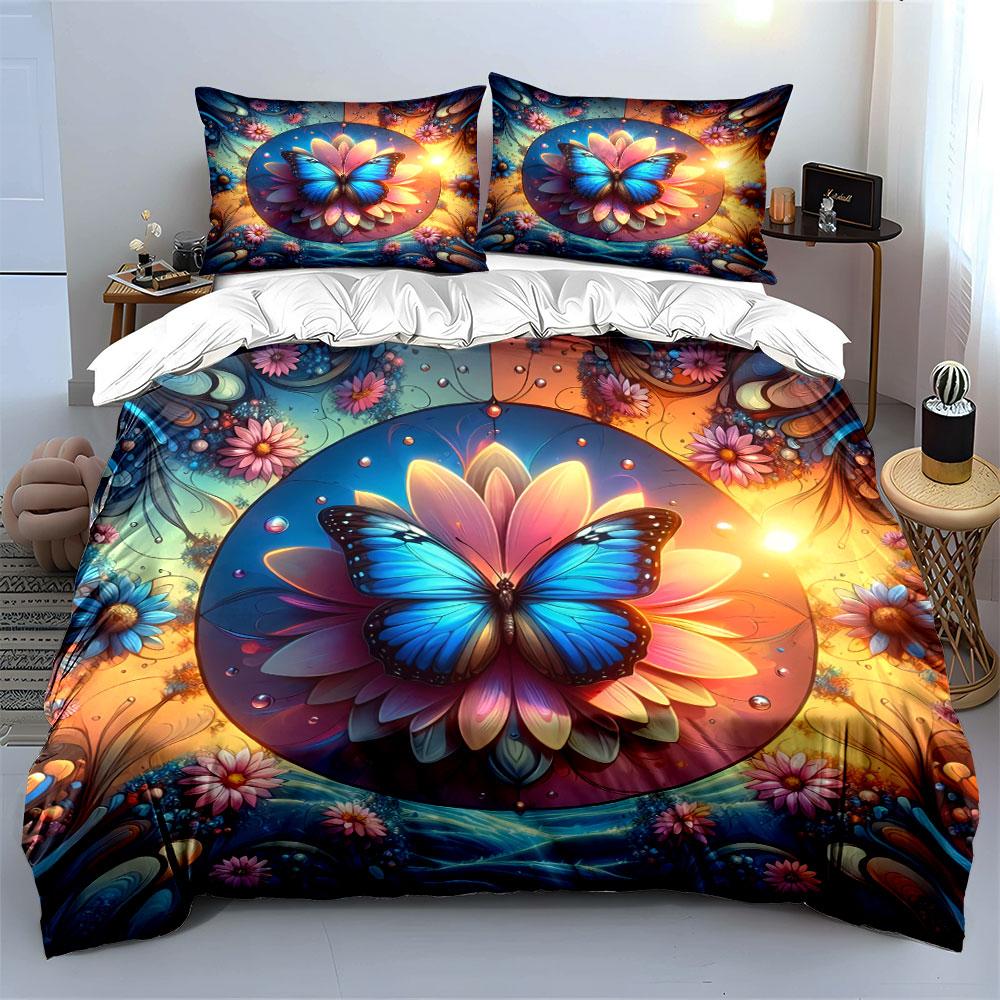 3Pcs Blue Butterfly and Lotus Bedding Set, Colorful Mandala Print Duvet Cover + 2 Pillowcases, Zen Nature Decor
