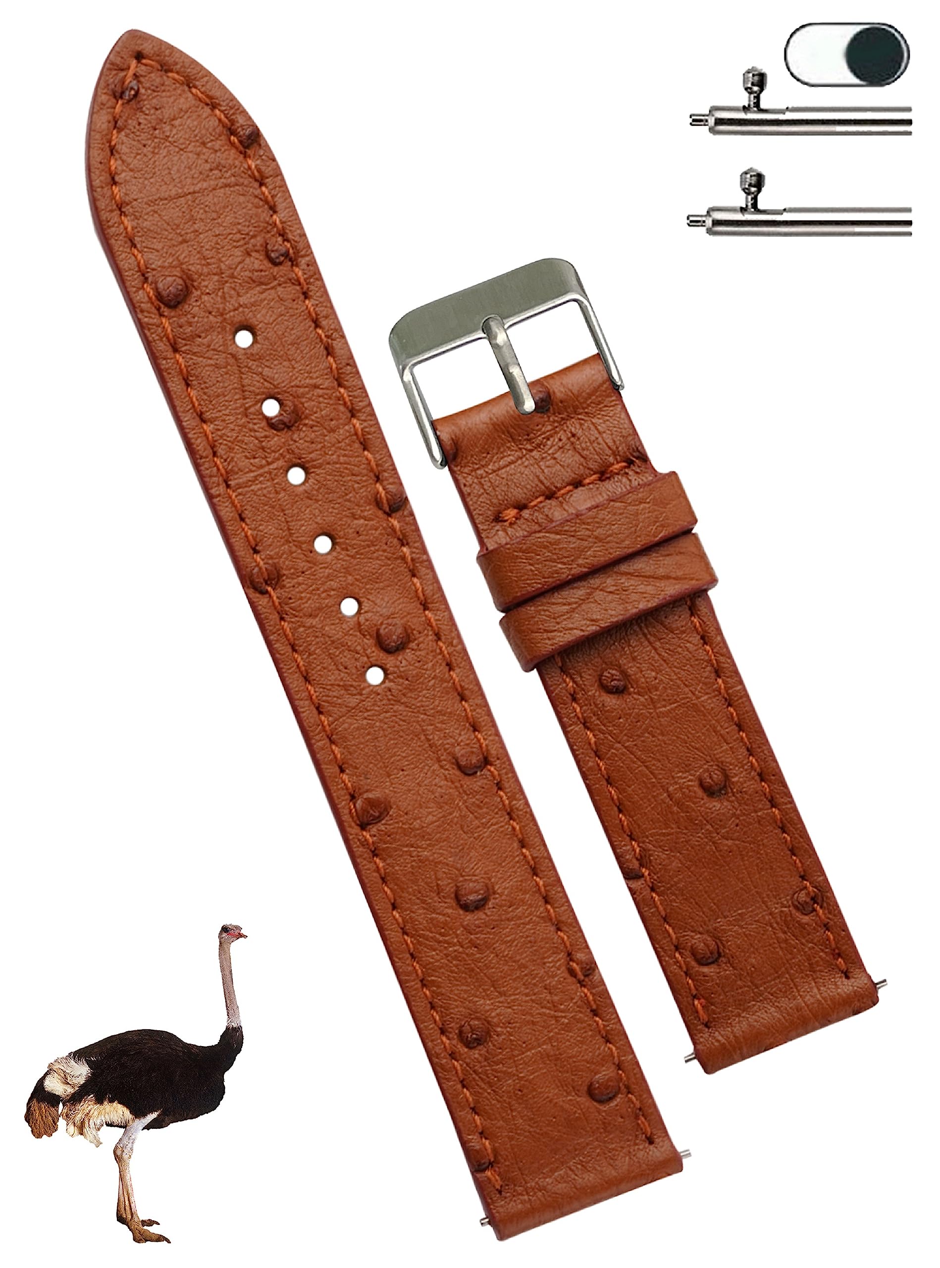 

Vinacreations 18mm Light Brown Ostrich Leather Watch Flat Thin Strap with Quick Release Spring Genuine Leather Replacement Watch Band with Wrist