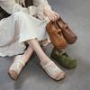 Genuine Leather Retro Hollow-out Breathable Flat Sandals Square Toe Comfortable Women's Shoes