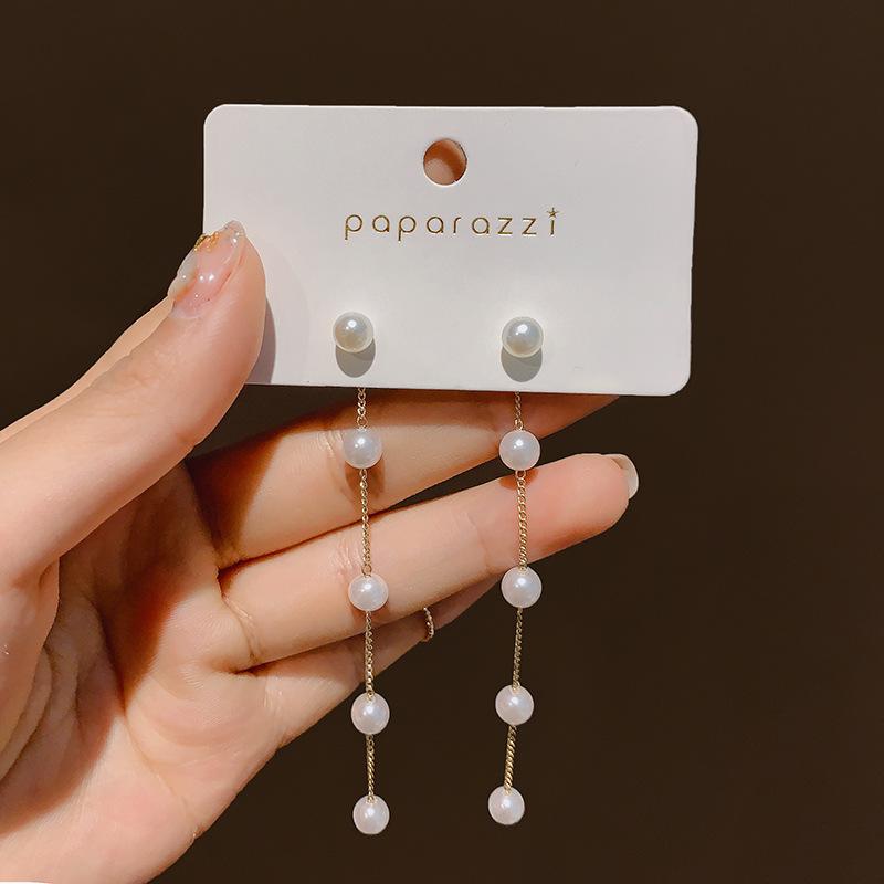 

Korean Long Tassel Pearl Dangle Earrings for Women Luxury Full Rhinestone Gold Color Drop Earrings Wedding Party Zircon Gift