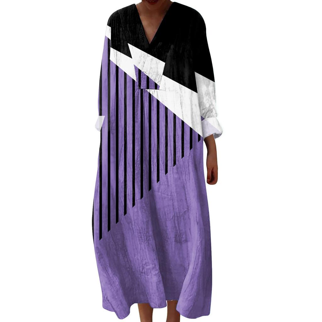 Women's Casual And Fashionable V-Veck Printed Long Sleeved Dress Long Sleeved Dress
