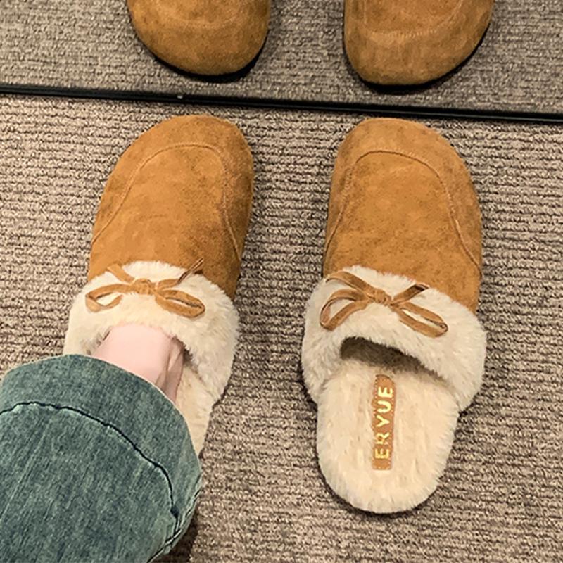 Fashion Fur Women Slippers Flats Bow Slingback Mules Shoes Fashion Dress Woman Cotton Shoes Winter 2025 New Designer Warm Mujer Botas
