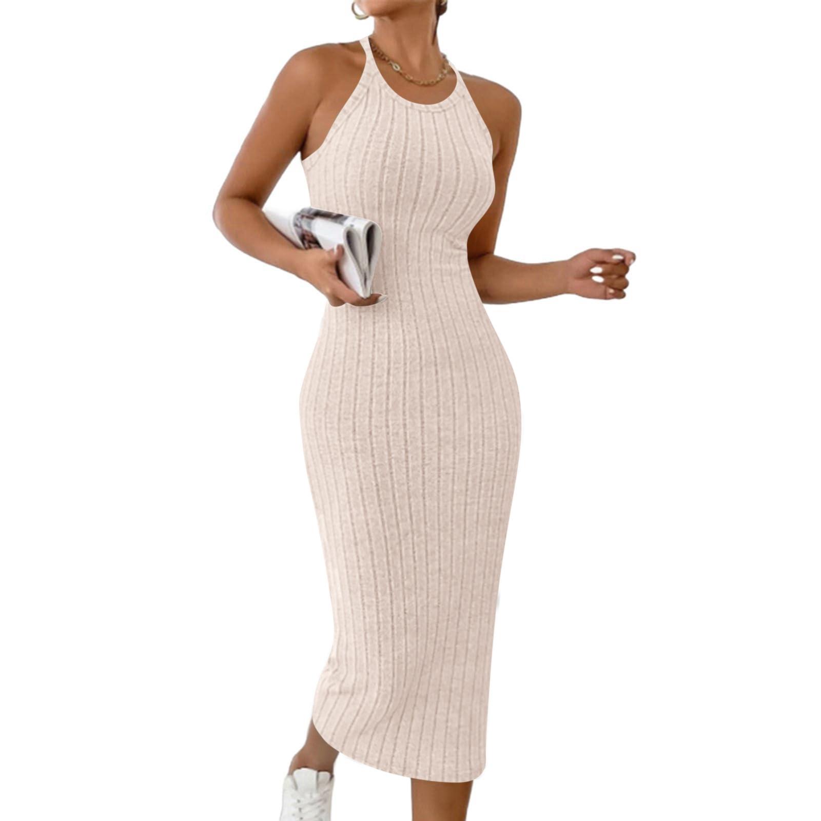 

Sleeveless Ribbed Knit Midi Dress for Women Bodycon Tank Style Casual Pullover Crewneck Fitted Dress M