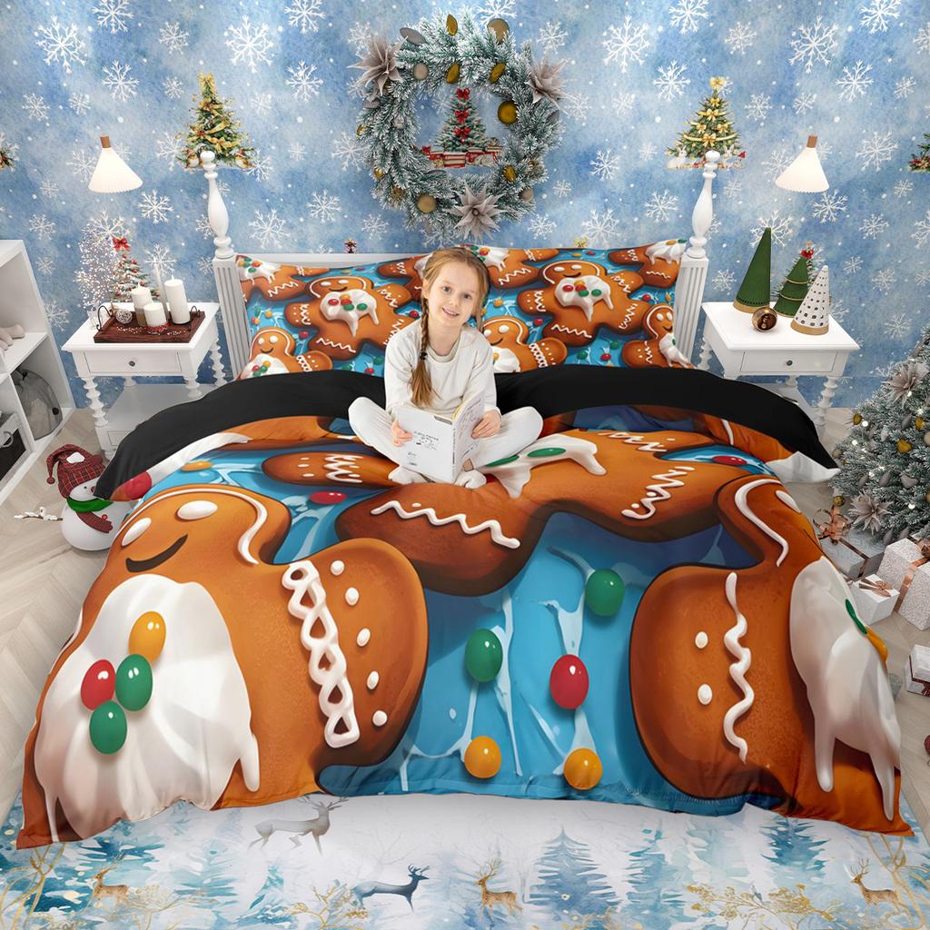 Homewish Kids Merry Christmas Duvet Cover Set 2pcs/3pcs, Gingerbread Xmas Tree Bedding Set, Cute Snowman Snowflake Quilt Cover