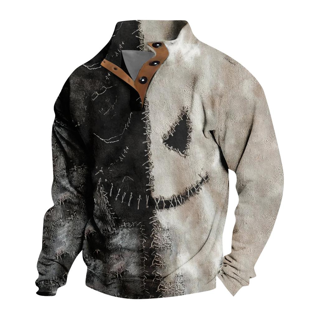 Men's Casual Fashion Christmas Printed Hoodless Sweatshirt Wide Men's Loose Button Stand Collar Hooded Sweatshirt