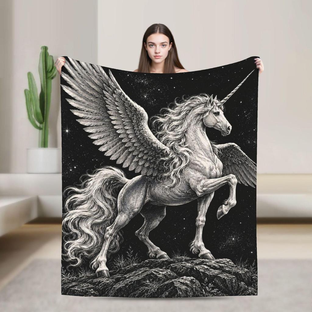 Black and White Pegasus Unicorn Flannel Blanket, Gothic Fantasy Room Decor