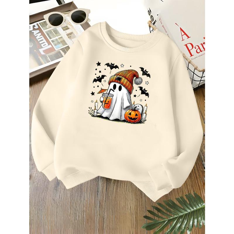 Kids Unisex Crewneck Sweatshirt, Cute Knit Hat Ghost Pumpkin Bat Halloween Print Soft Fleece Long Sleeve Pullover For Boys Girls Over 4 Years Old