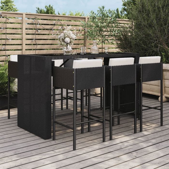 VidaXL Ensemble de bar de jardin 7 pcs avec coussins noir poly rotin, ensemble de table de bar, table et chaise de bar, 3200664