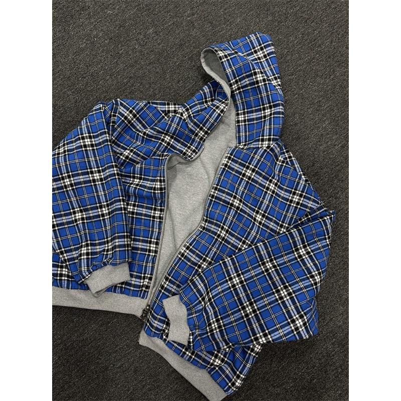 Sudadera con capucha a cuadros reversible para hombre con cremallera de manga larga