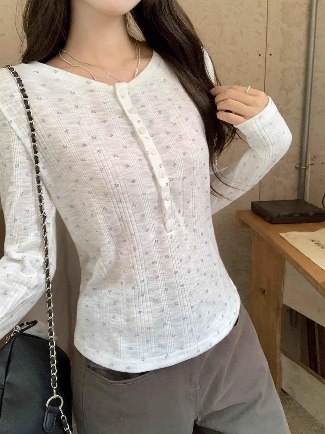 Women s White Floral Print Long Sleeve T-Shirt: Autumn 2025 Slim Fit with Half-Open Collar Large белый