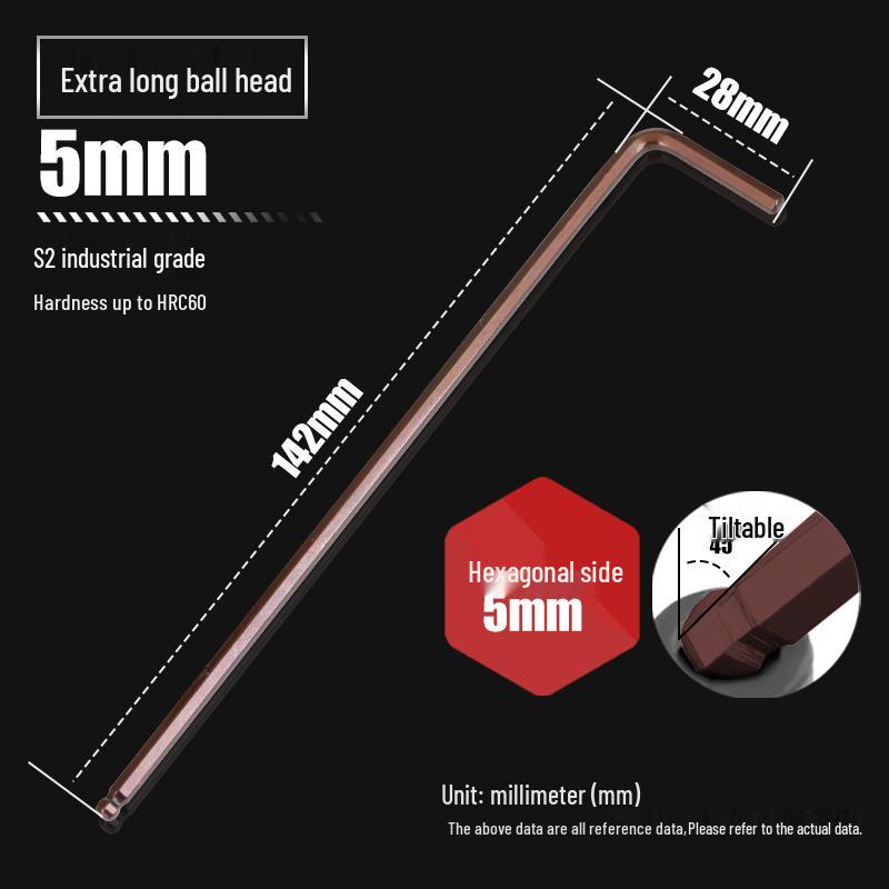 High Strength S2 Ball Head L-Type Extended Hex Key Wrench, Inner Hexagonal 6-Angle, Sizes 2.5mm & 4mm
