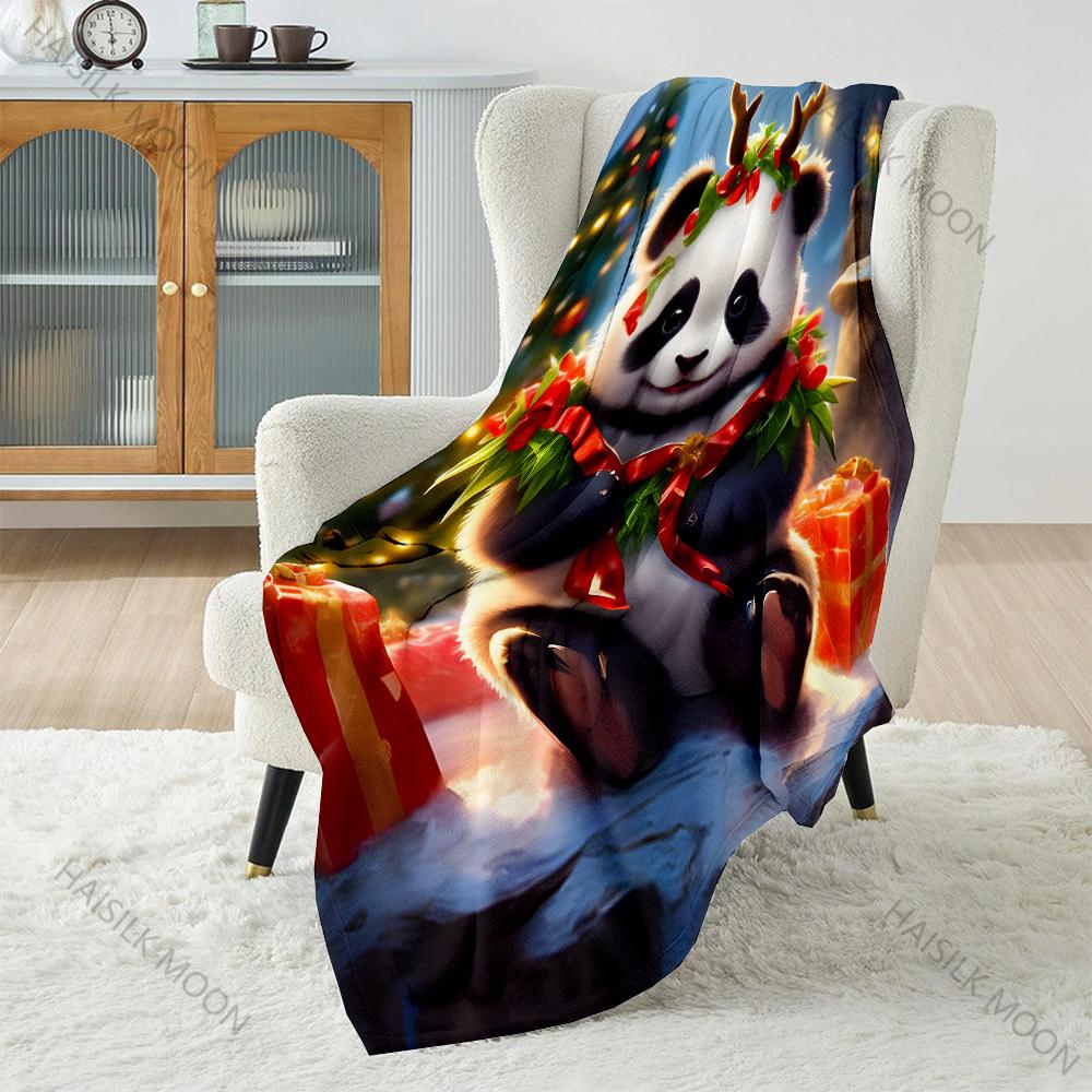 1PC Festive Panda with Christmas Decorations Pattern Blanket Flannel Material Soft Warm for All Seasons Home Outdoor Camping