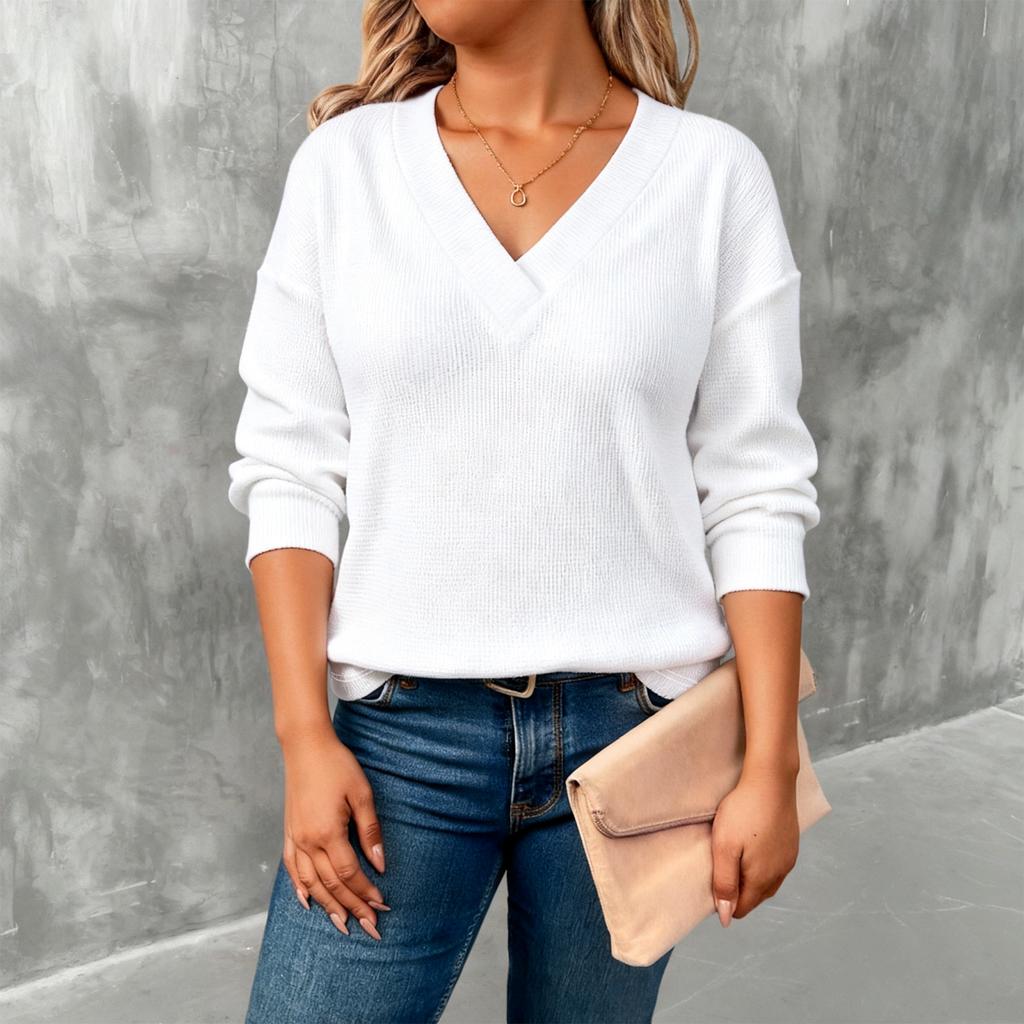 Women's Comfortable Loose Fashion Casual Solid Color V-Neck Long Sleeve Plus Size T-Shirt Top