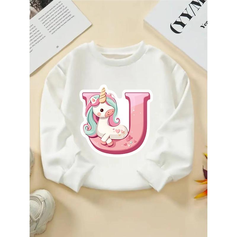 Crewneck Sweatshirt for Girls Featuring a Unicorn with Pastel-Colored Hair And Hearts. It'S Machine Washable, Suitable for Spring And Autumn
