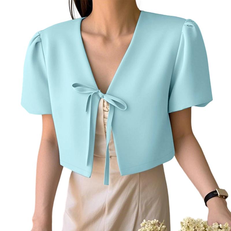 

ZANZEA Женский кардиган с V-образным вырезом, короткими рукавами-буфами, завязкой и шнуровкой M