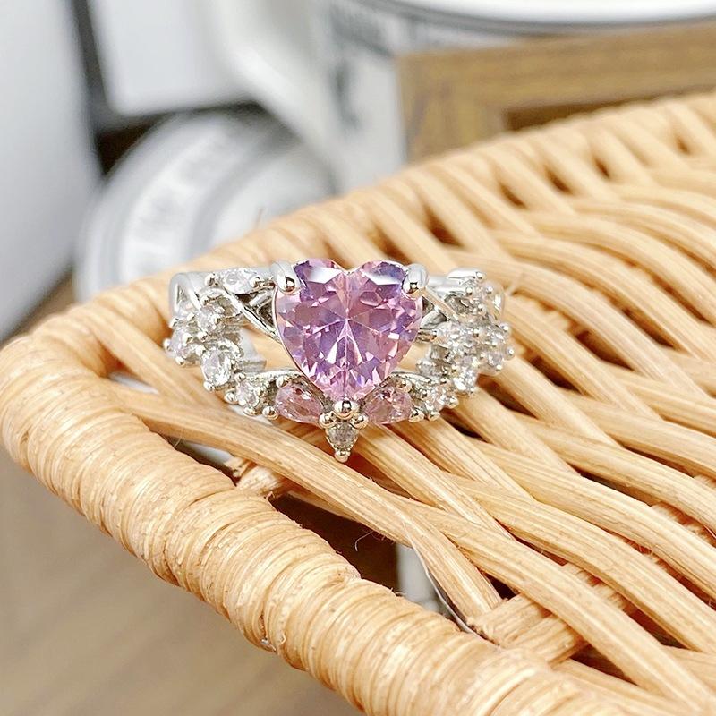 Sweet Full Diamond Pink Love Zir*****Pen Ring Color Treasure Niche Light Luxury High Sense Stacking Wearing Personalized Ring Woman