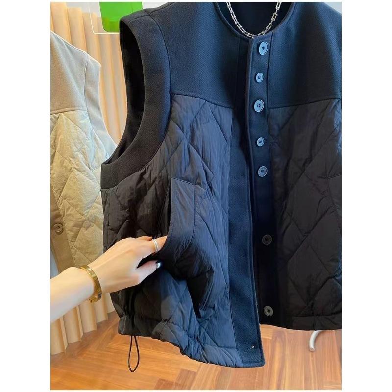 Fashionable Loose Wool Blend Vest Women Autumn Winter Sleeveless Quilted Outerwear Casual Waistcoat