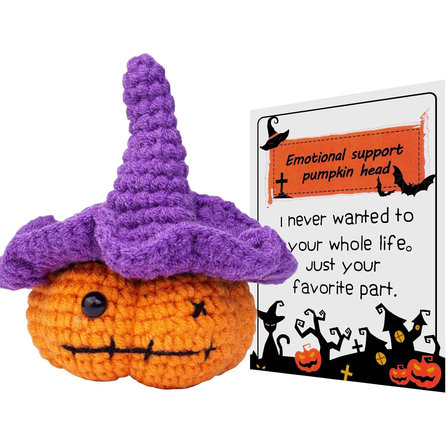 

Funny Crochet Emotional Support Pumpkin Gifts Desktop Ornament Handmade Knitted Pumpkin Doll With Card Home Room Halloween Decor