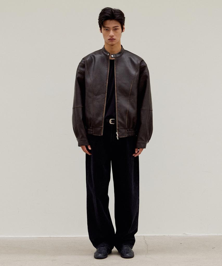 Mood Inside Washed Stitch Biker Leather Jacket_Brown