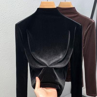 Half Turtleneck Base Shirt for Women New Women's Solid Color Velvet Long-sleeved T-shirt Thermal Inner Waist Top