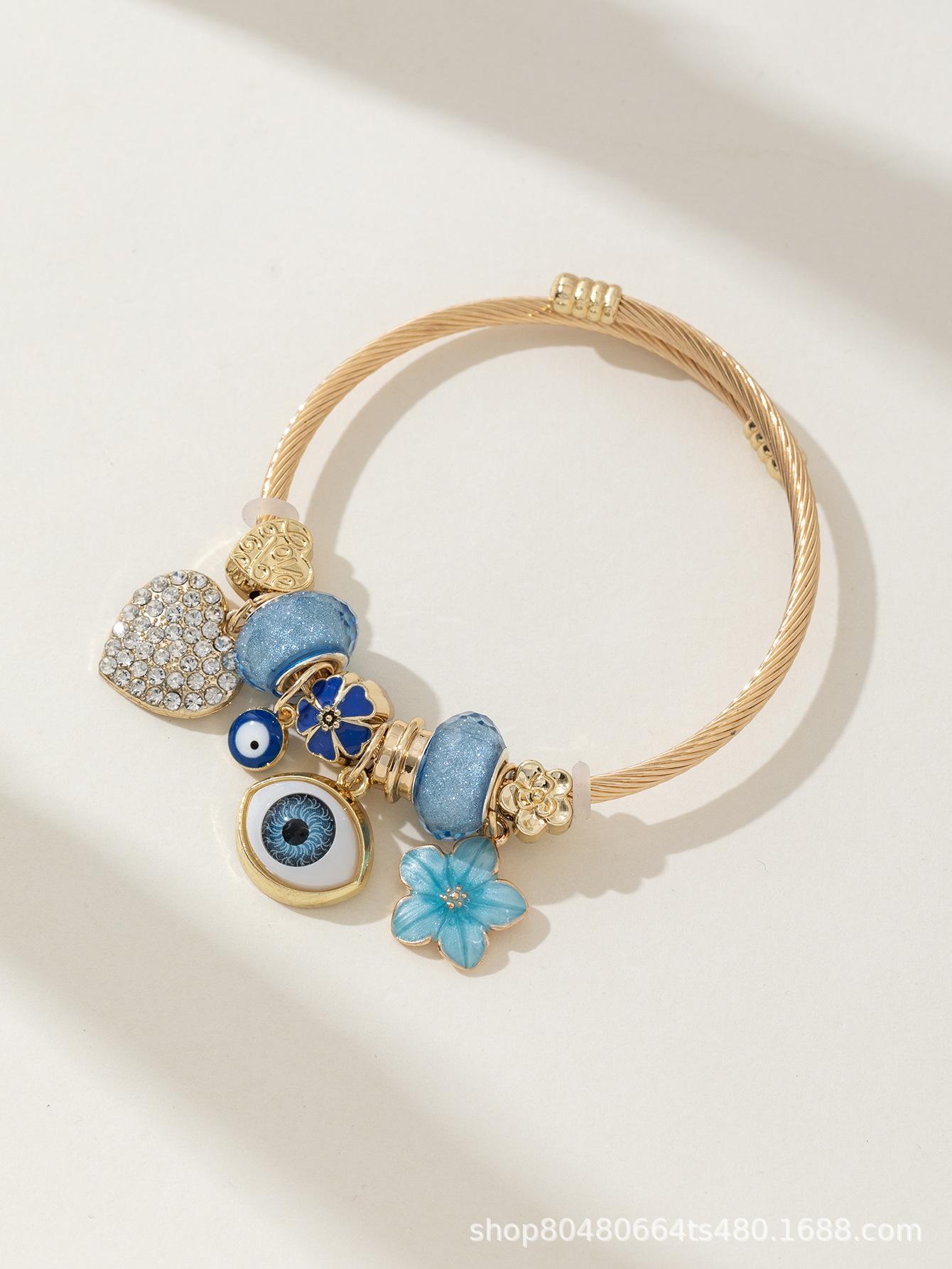 DIY Beaded Bracelet with Blue Evil Eye Charm Rhinestone Heart Flower Fashion Jewelry Accessory