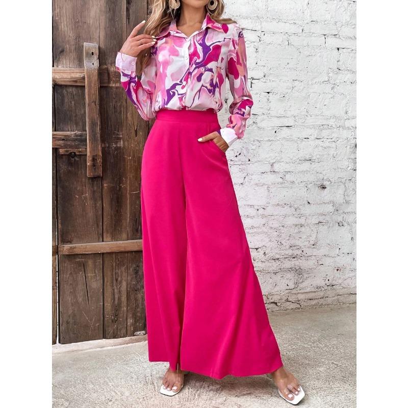 women's Collared Abstract Print Long Sleeve Shirt High Waist Wide Leg Pant Casual Two Piece Outfit Set