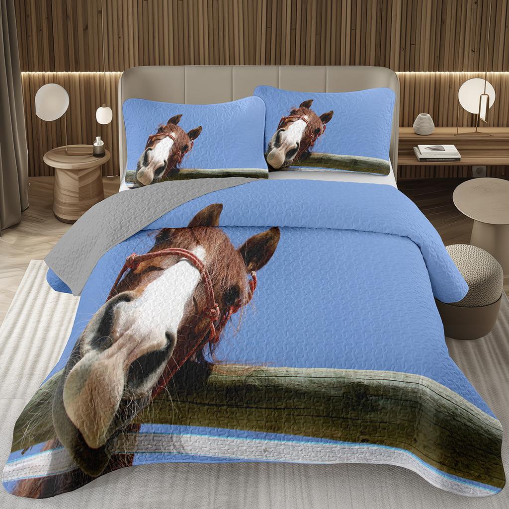 Wild Horse Bedspread Queen/Full Galloping Horse Pattern Quilted Bedding Set Farm Animal Coverlet Set Reversible Rustic Bed Cover